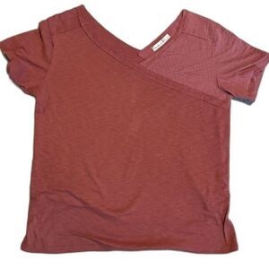 Short Sleeve Rust Solid and Striped V Neck Shirt XL